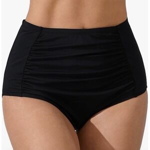 Women's MIVEI high  Waisted Full Ruched Bikini Swim Bottoms Black Large NWT